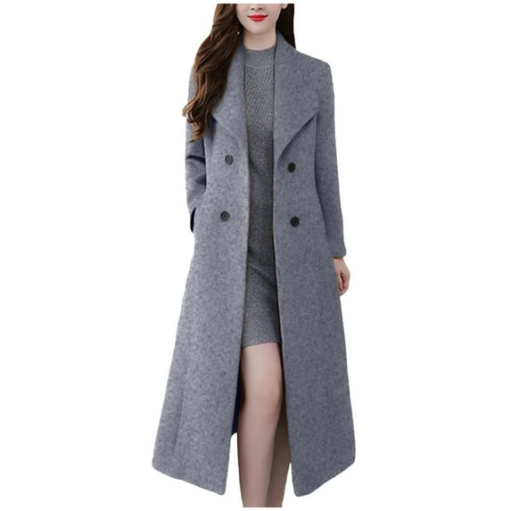 qolati Women Double Breasted Wool Blend Coats Elegant Notched Lapel Collar Long Suits Jackets Fall Winter Work Office Overcoat Pea Coat with Pockets Clearance