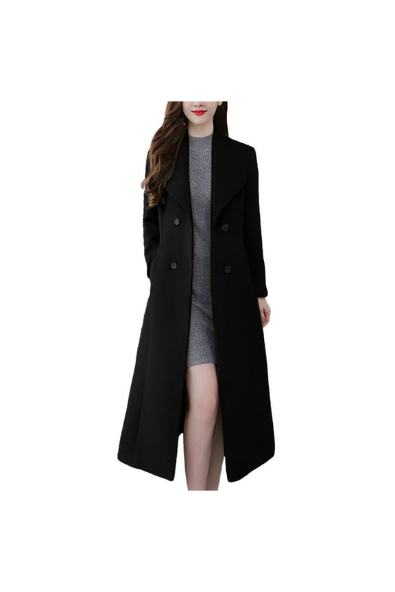 Women Double Breasted Wool Blend Coats Elegant Notched Lapel Collar Long Suits Jackets Fall Winter Work Office Overcoat Pea Coat with Pockets