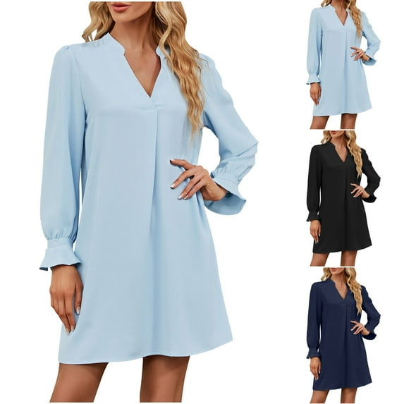 qolati Women Dressy Dresses 2023 Fashion V Neck Puffy Sleeve A-Line Work Dress Casual Loose Runched Cocktail Party Mini Dress