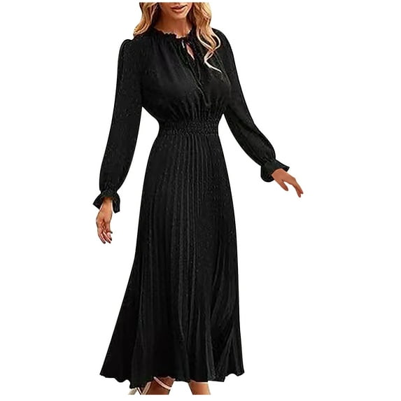 qolati Women Fall Cocktail Dress Casual Loose Long Sleeve Mock Neck Elastic Waist Formal Dress Elegant A Line Boho Flowy Tiered Maxi Long Dress