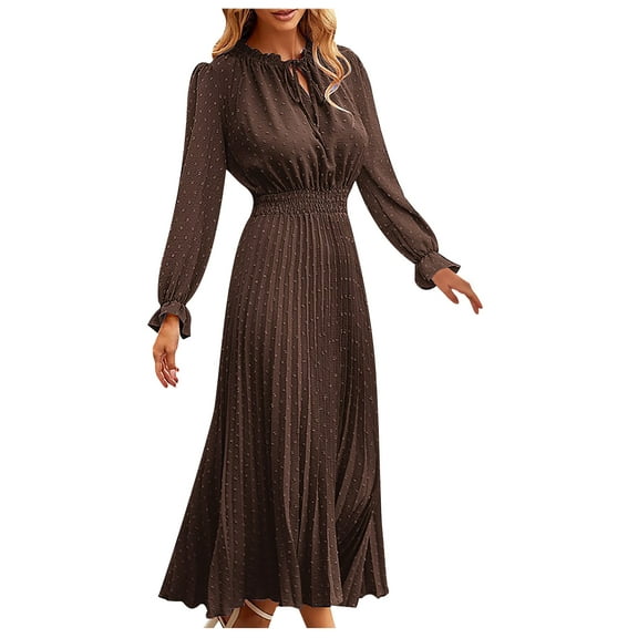 qolati Women Fall Cocktail Dress Casual Loose Long Sleeve Mock Neck Elastic Waist Formal Dress Elegant A Line Boho Flowy Tiered Maxi Long Dress