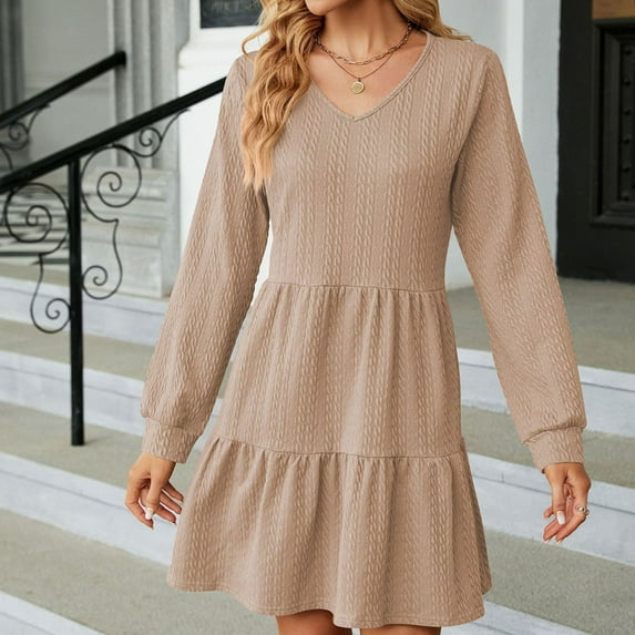 qolati Women Fall Dresses 2023 Elegant V Neck Puffy Sleeve A-Line Midi Dress Casual Layered Ruffles Flowy Cocktail Party Dress