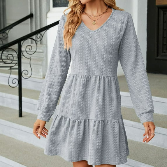 qolati Women Fall Dresses 2023 Elegant V Neck Puffy Sleeve A-Line Midi Dress Casual Layered Ruffles Flowy Cocktail Party Dress