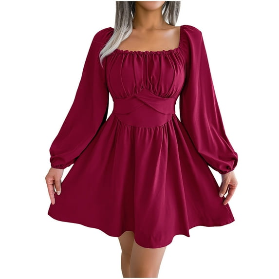 qolati Women Fall Dresses 2024 Causal Puff Long Sleeve High Waist Mini Dress Elegant Square Neck Cottagecores Casual Smocked Flowy Short Dress