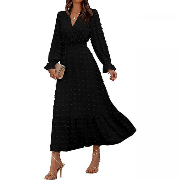 qolati Women Fall Dresses Long Sleeve V Neck Maxi Dress Boho Long Dress High Waisted A-Line Ruffle Flowy Dress Black L