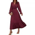 thumbnail image 1 of qolati Women Fall Dresses 2024 Long Sleeve V Neck Swiss Dots Maxi Dress Boho Long Dress High Waisted A-Line Ruffle Flowy Dress Wine XXL, 1 of 6