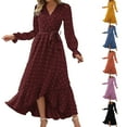 thumbnail image 1 of qolati Women Fall Dresses 2024 Long Sleeve V Neck Swissdots Flowy Boho Maxi Dress Elegant High Waisted A-Line Ruffle Slit Party Wedding Dress, 1 of 7