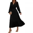 thumbnail image 1 of qolati Women Fall Dresses Long Sleeve V Neck Maxi Dress Boho Long Dress High Waisted A-Line Ruffle Flowy Dress Black S, 1 of 6