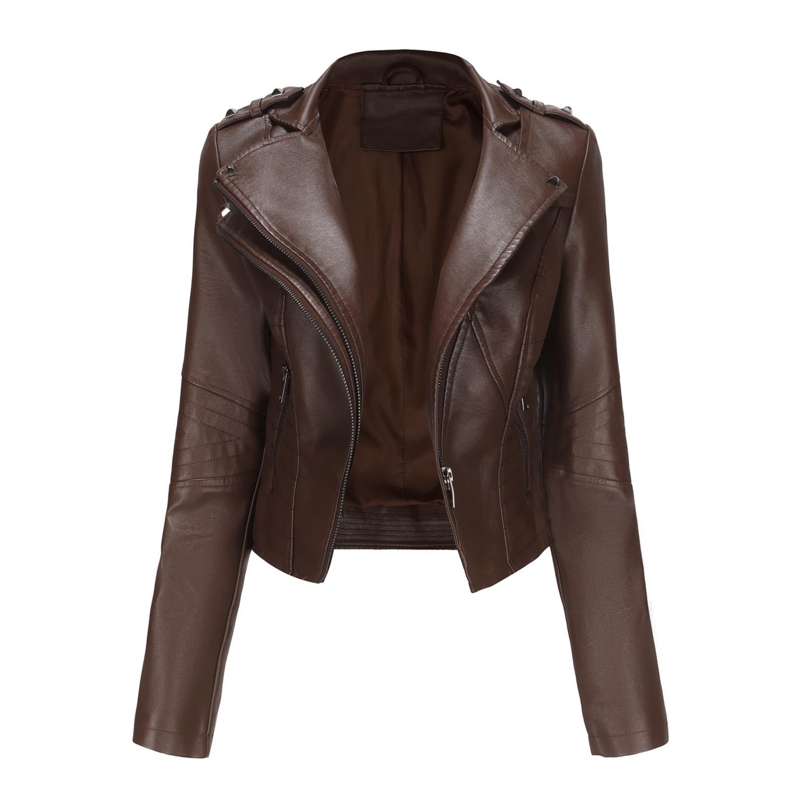 qolati Women Faux Leather Jackets Vintage Long Sleeve Zip Up Motorcycle Jacket 2024 Trendy Lightweight Collar Cropped Coats Outwear