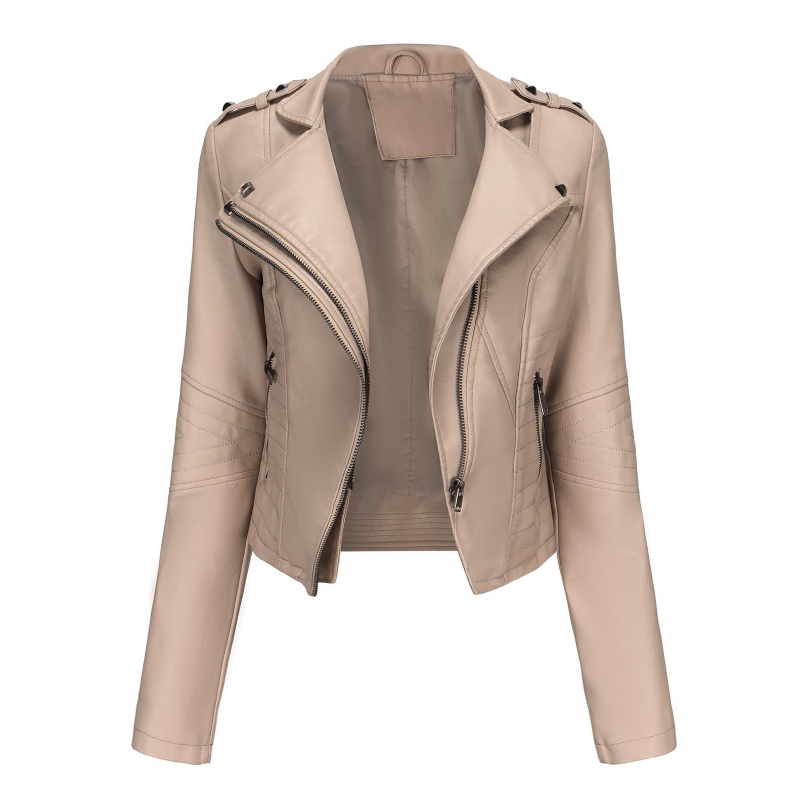 qolati Women Faux Leather Jackets Vintage Long Sleeve Zip Up Motorcycle Jacket 2024 Trendy Lightweight Collar Cropped Coats Outwear