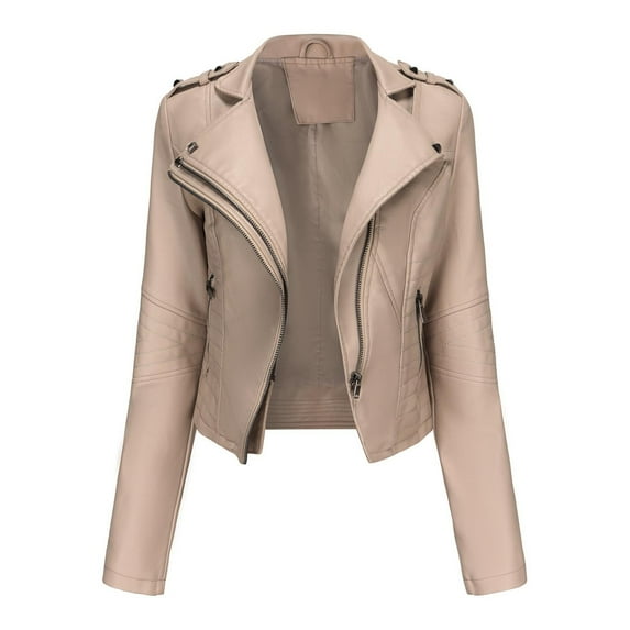 qolati Women Faux Leather Jackets Vintage Long Sleeve Zip Up Motorcycle Jacket 2024 Trendy Lightweight Collar Cropped Coats Outwear