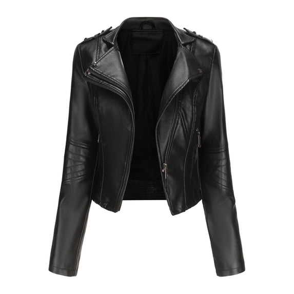 qolati Women Faux Leather Jackets Vintage Long Sleeve Zip Up Motorcycle Jacket 2024 Trendy Lightweight Collar Cropped Coats Outwear