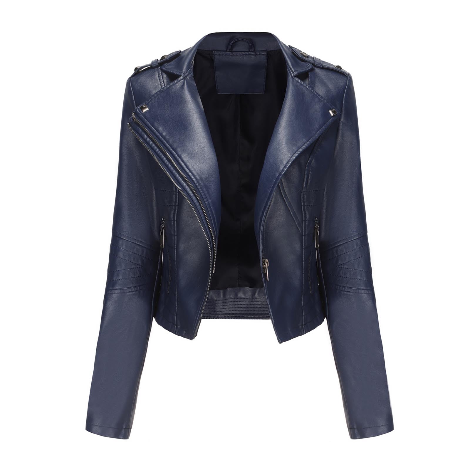 qolati Women Faux Leather Jackets Vintage Long Sleeve Zip Up Motorcycle Jacket 2024 Trendy Lightweight Collar Cropped Coats Outwear