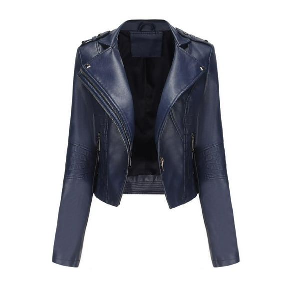 qolati Women Faux Leather Jackets Vintage Long Sleeve Zip Up Motorcycle Jacket 2024 Trendy Lightweight Collar Cropped Coats Outwear