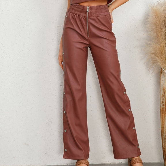 qolati Women Faux Leather Pants High Waisted Straight Wide Leg Side Buttons Palazzo Trousers Casual Elastic Waisted Business Work Lounge Pants