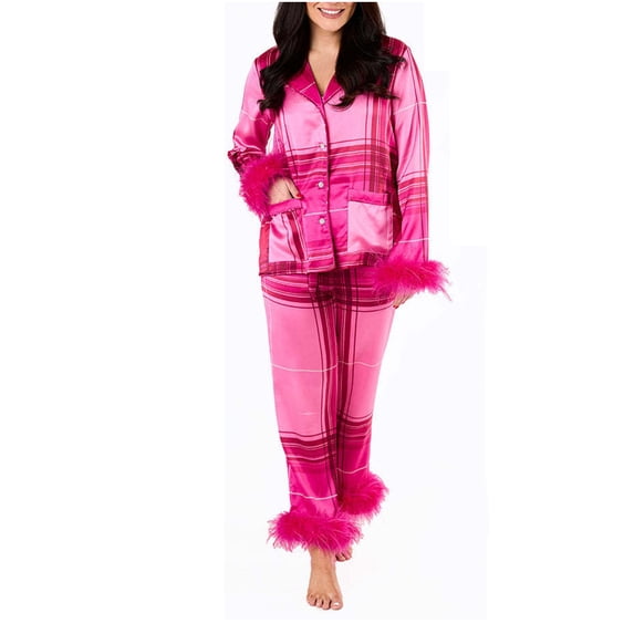 qolati Women Feather Trim Pajama Set Cute Plaid Long Sleeve Button Up Top Pants 2 Piece Lounge Set Satin Pjs Holiday Sleepwear