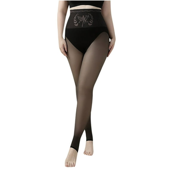 qolati Women Fleece Lined Tights Fake Translucent High Waist Leggings Thermal Warmth Pantyhose Thick Sheer Legging
