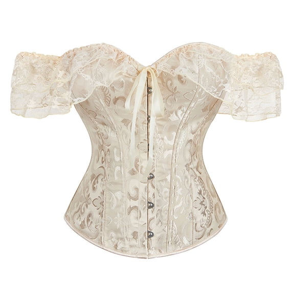 qolati Women Floral Lace Corset Top Medieval Gothic Off Shoulder Corset Bustier Boned Overbust Corset Bodyshaper Tank Tops Beige XXXXL