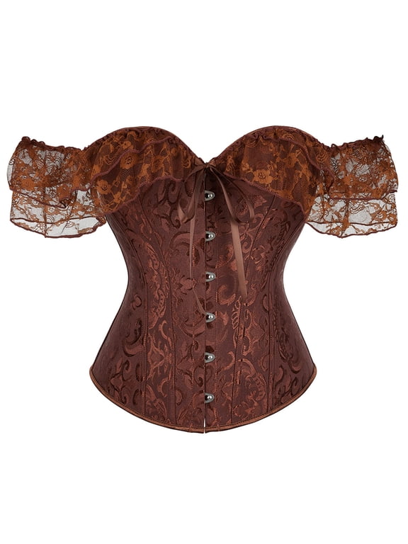 Women Floral Lace Corset Top Medieval Gothic Off Shoulder Corset Bustier Boned Overbust Corset Bodyshaper Tank Tops Coffee M