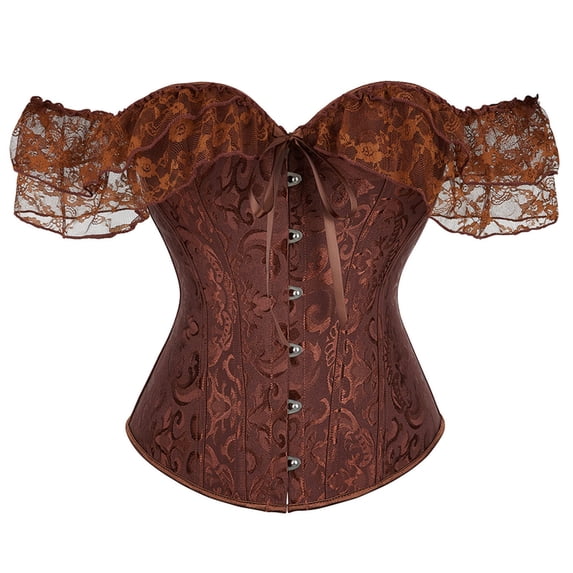 qolati Women Floral Lace Corset Top Medieval Gothic Off Shoulder Corset Bustier Boned Overbust Corset Bodyshaper Tank Tops Coffee XXXXXXL
