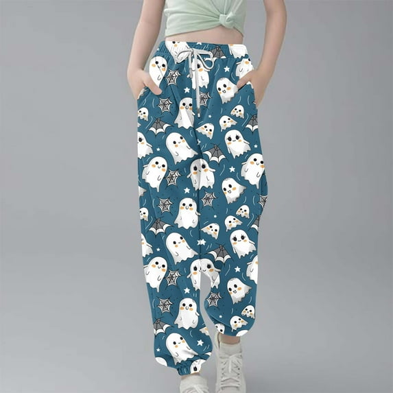 qolati Women Halloween Sweatpants Casual Drawstring High Waisted Cinch Bottom Sporty Active Joggers Pants Ghost Graphic Printed Y2k Baggy Lounge Trouses with Pockets Blue 13-14Years