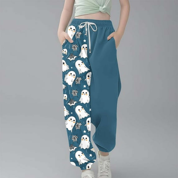 qolati Women Halloween Sweatpants Casual Drawstring High Waisted Cinch Bottom Sporty Active Joggers Pants Ghost Graphic Printed Y2k Baggy Lounge Trouses with Pockets Blue 9-10Years