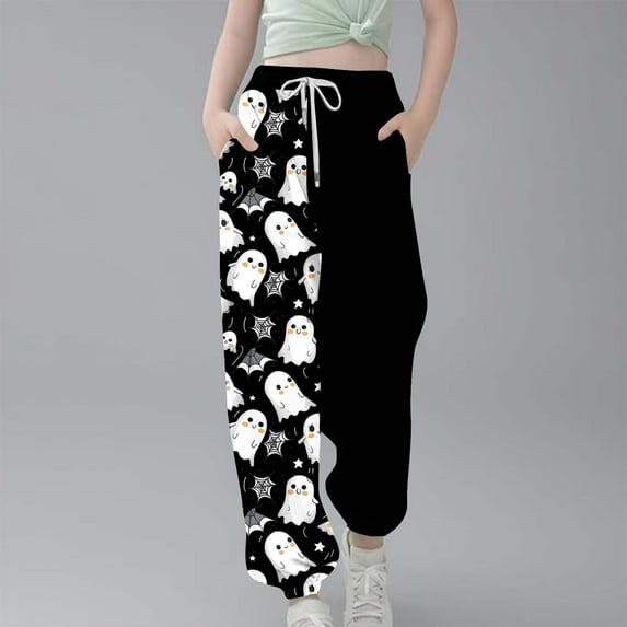 qolati Women Halloween Sweatpants Casual Drawstring High Waisted Cinch Bottom Sporty Active Joggers Pants Ghost Graphic Printed Y2k Baggy Lounge Trouses with Pockets Black 9-10Years