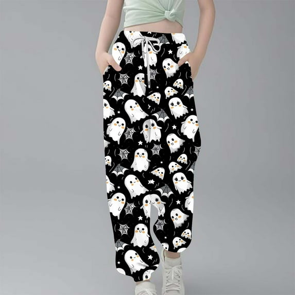 qolati Women Halloween Sweatpants Casual Drawstring High Waisted Cinch Bottom Sporty Active Joggers Pants Ghost Graphic Printed Y2k Baggy Lounge Trouses with Pockets Black 5-6Years