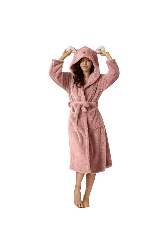 Women Hooded Fleece Robe Cute Bear Ears Hoodies Plush Robes Soft Warm Spas Home Bathrobe Thick Nightgown with Pockets