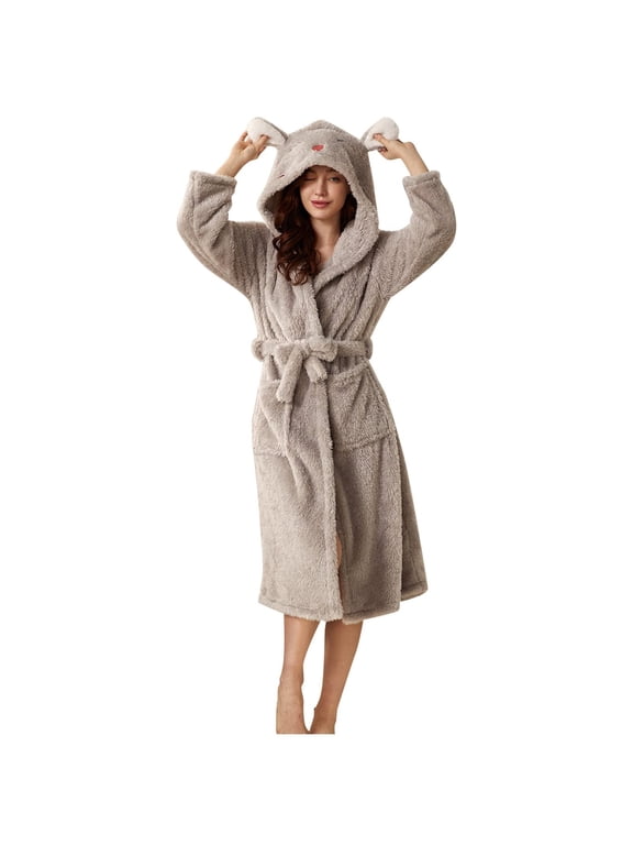Women Hooded Fleece Robe Cute Bear Ears Hoodies Plush Robes Soft Warm Spas Home Bathrobe Thick Nightgown with Pockets