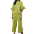 thumbnail image 1 of qolati Women Linen Two Piece Sets Cotton Linen Ruffled Bell Sleeves Shirts and Wide Leg Capris Pants Suit Summer Casual Loose 2 Piece Beach Outfits, 1 of 6