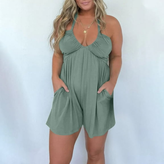 qolati Women Overalls Romper Casual Sleeveless Adjustable Tie Strap Halter Wide Leg Overall Shorts Summer Beach Outfits with Pockets