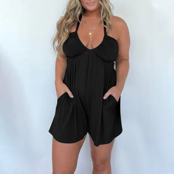 qolati Women Overalls Romper Casual Sleeveless Adjustable Tie Strap Halter Wide Leg Overall Shorts Summer Beach Outfits with Pockets