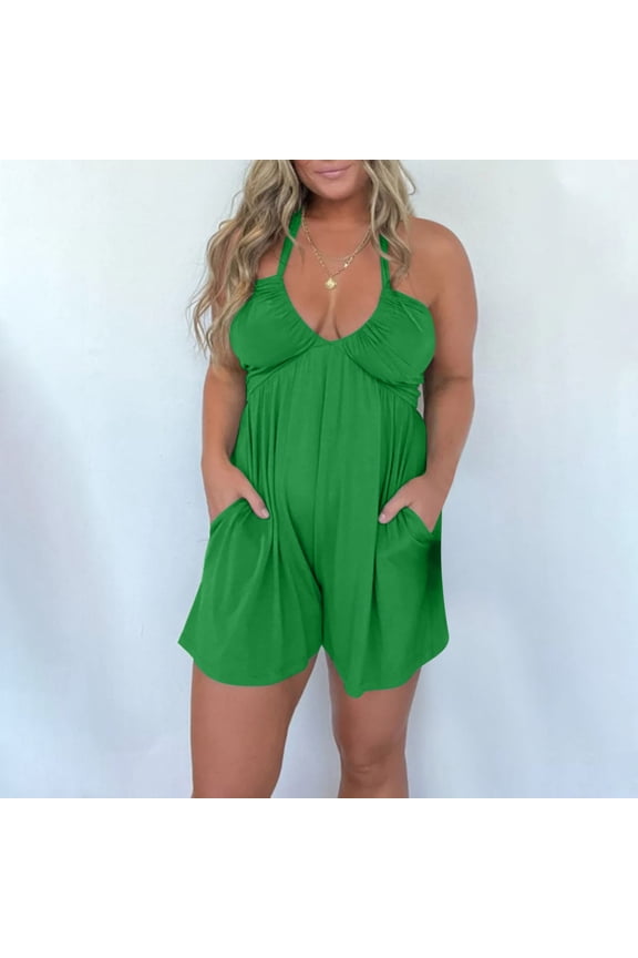 Women Overalls Romper Casual Sleeveless Adjustable Tie Strap Halter Wide Leg Overall Shorts Summer Beach Outfits with Pockets
