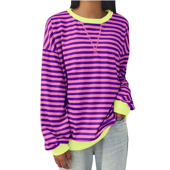 qolati Women Oversized Tshirts 2024 Fall Striped Color Block Long Sleeve Crew Neck Sweatshirt Casual Loose Pullover Y2k Shirt Tops