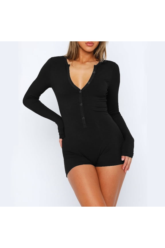 Women Pajama Rompers Long Sleeve Ribbed Knit Bodysuits Button Down V Neck Jumpsuits Onesie