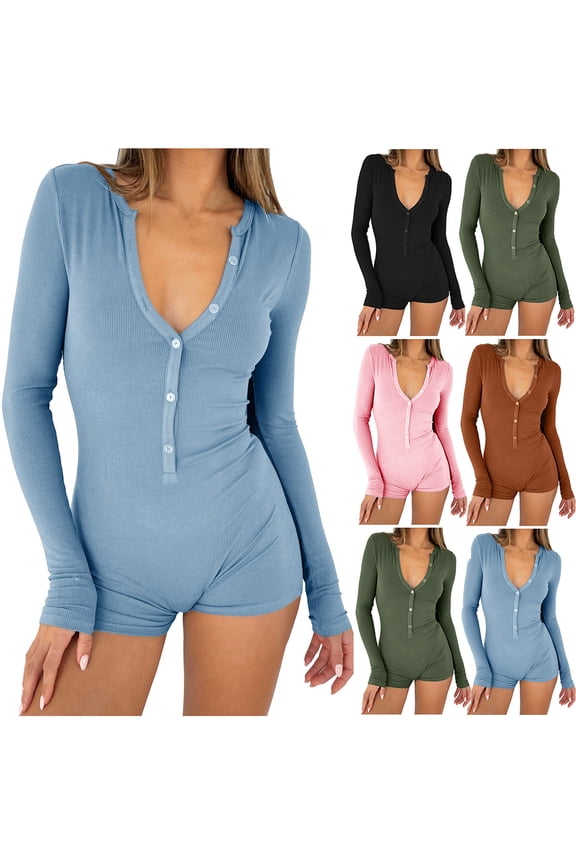 Women Pajama Rompers Ribbed Knit Long Sleeve Button Down Lounge Bodysuits Henleys V Neck Jumpsuits Onesie