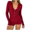 thumbnail image 1 of qolati Women Pajama Rompers Ribbed Knit Long Sleeve Button Down Lounge Bodysuits Henleys V Neck Jumpsuits Onesie, 1 of 7