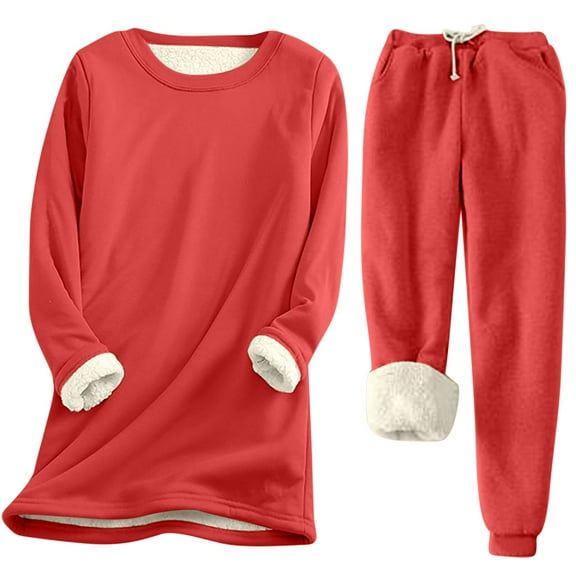 qolati Women Pajamas Set 2 Piece Plush Long Sleeve T-Shirts and Thicken Jogger Sweatpants Loungewear Winter Warm Fuzzy Fleece Sleepwear Pjs Sets