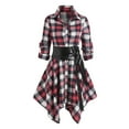 thumbnail image 1 of qolati Women Plaid Shirt Dress with Faux Leather Waist Belt A-Line High Low Tunic Dress Elegant Vintage Button Down Shirt Dresses Red L, 1 of 3