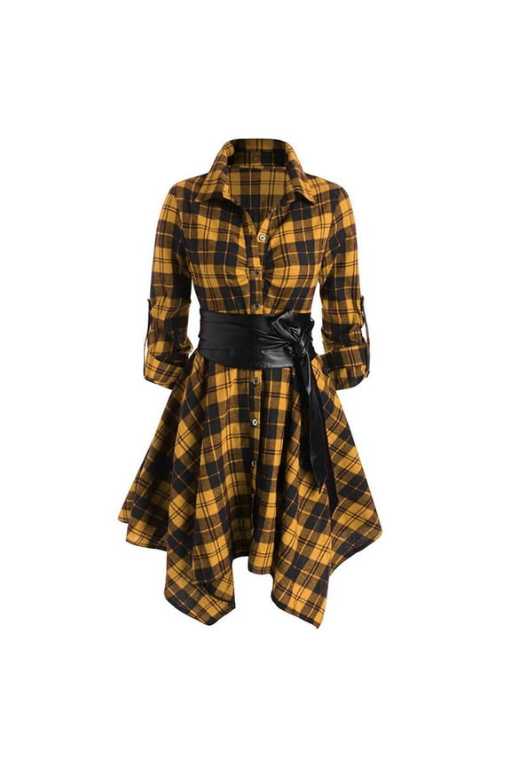 Women Plaid Shirt Dress with Faux Leather Waist Belt A-Line High Low Tunic Dress Elegant Vintage Button Down Shirt Dresses Yellow S