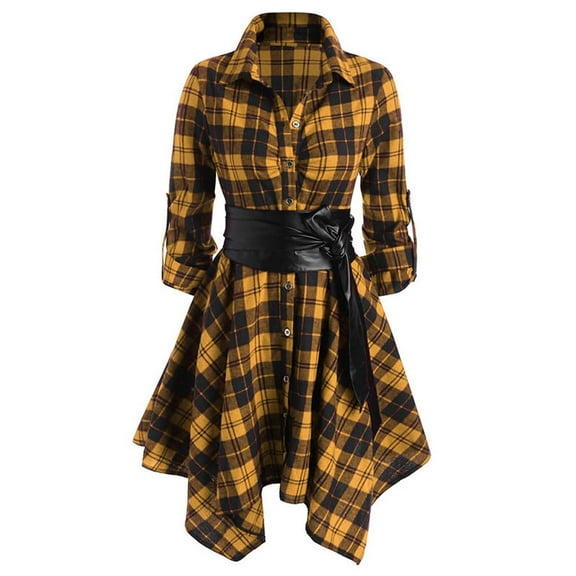 qolati Women Plaid Shirt Dress with Faux Leather Waist Belt A-Line High Low Tunic Dress Elegant Vintage Button Down Shirt Dresses Yellow XL