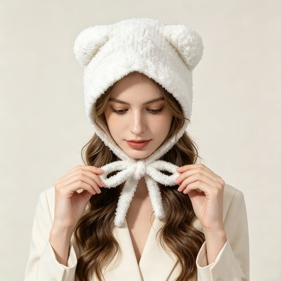 qolati Women Plush Bear Hat Warm Ear Protection Fall Winter Thickened Fuzzy Hat Earflap Beanie Warm Tropper Windproof Hooded Hat Headwear