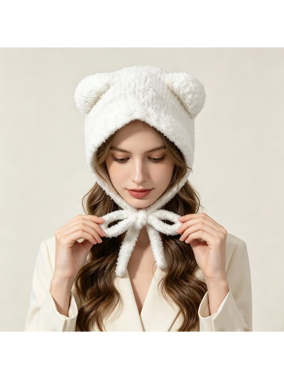 Women Plush Bear Hat Warm Ear Protection Fall Winter Thickened Fuzzy Hat Earflap Beanie Warm Tropper Windproof Hooded Hat Headwear