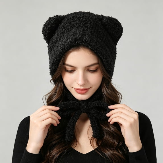 qolati Women Plush Bear Hat Warm Ear Protection Fall Winter Thickened Fuzzy Hat Earflap Beanie Warm Tropper Windproof Hooded Hat Headwear
