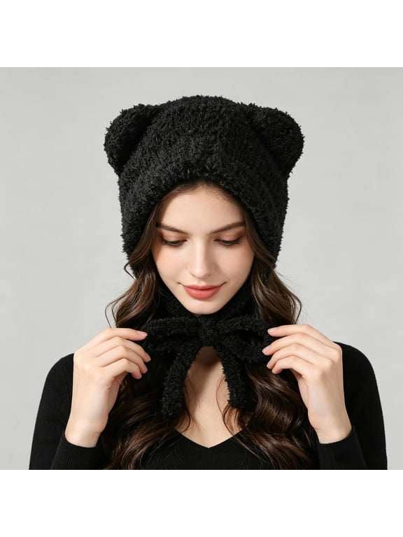 Women Plush Bear Hat Warm Ear Protection Fall Winter Thickened Fuzzy Hat Earflap Beanie Warm Tropper Windproof Hooded Hat Headwear