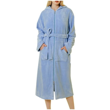 qolati Women Plush Long Robe Fuzzy Fleece Zip Up Hooded Bathrobe Sleepwear Winter Soft Nightgown Spa Party Robe with Belt Loungewear