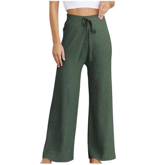 qolati Women Ribbed Knit Wide Leg Pants Casual High Waist Stretchy Palazzo Lounge Trousers Fall Winter Drawstrings Business Work Cargo Pants