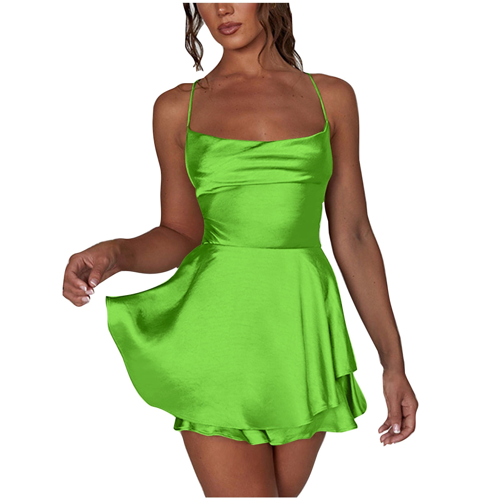 qolati Women Satin Dress Backless Short Romper Cowl Neck Bandage