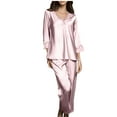 thumbnail image 1 of qolati Women Satin Pajama 2 Piece qolati Silk Pjs Set Soft Lace Trim V Neck Long Sleeve Tops and Long Pants Lounge Set Sleepwear, 1 of 7